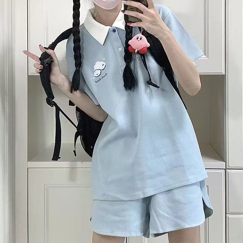 2025 summer new style student cloud embroidery POLO collar short sleeve shorts two-piece set