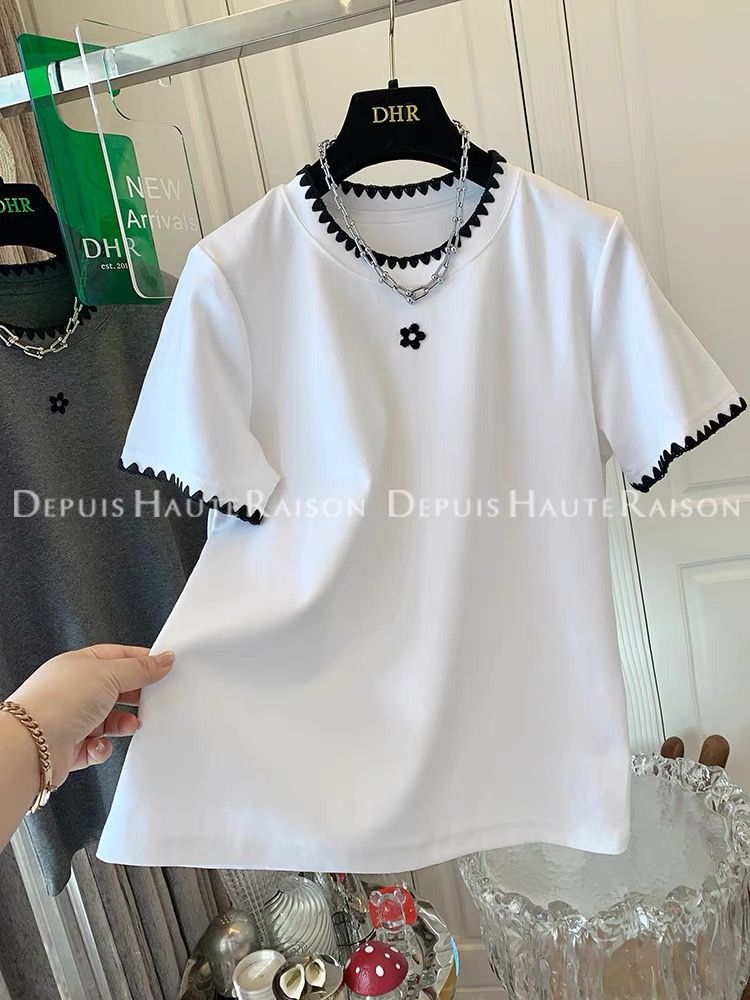 Embroidered flower contrast color short-sleeved T-shirt base shirt top for women 2025 spring and summer new style