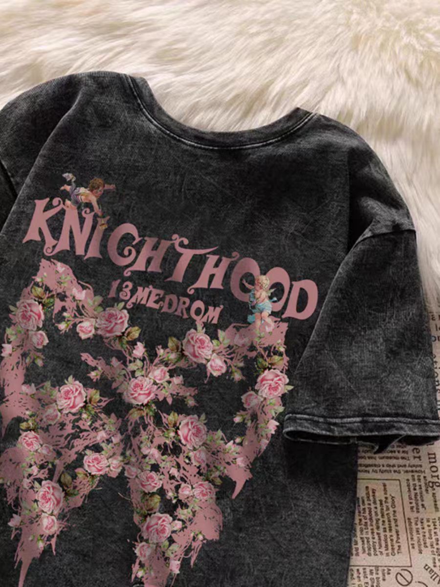 230g pure cotton collar spring and summer American retro loose large size top printed washing and old short-sleeved T-shirt
