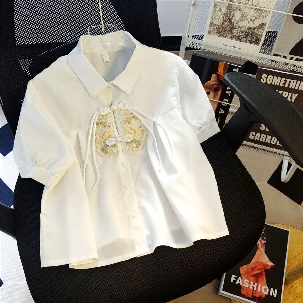 Real shot of embroidered puff sleeves new Chinese shirt improved shirt women's short sleeves short Chinese style buttoned top summer