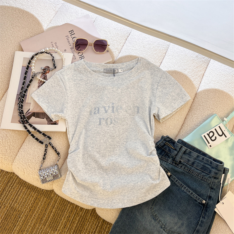 92 cotton/8 spandex 40 210g pure cotton flashing letters shoulder short-sleeved T-shirt