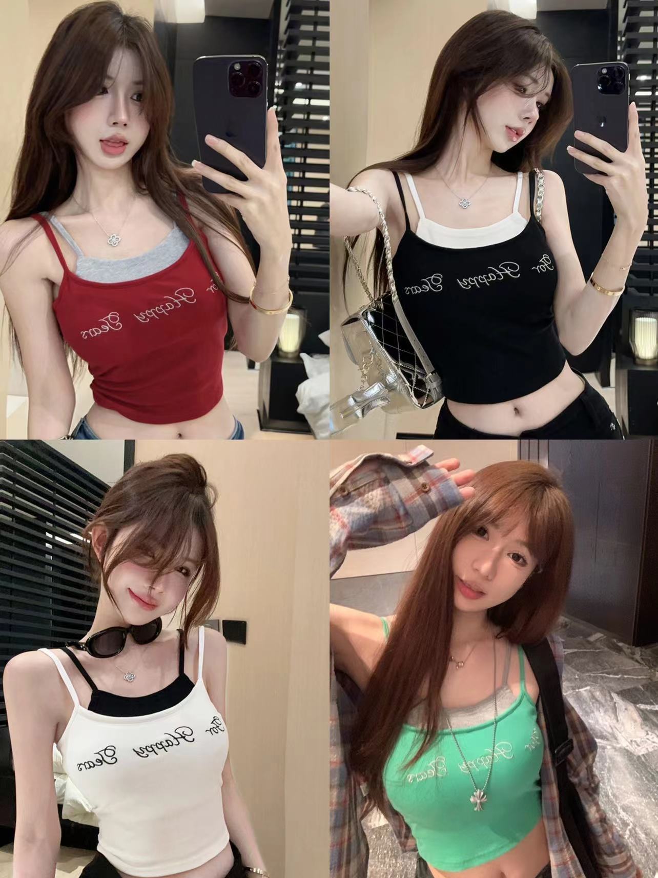 人棉假兩件短款外穿吊帶背心夏季辣妹帶胸墊內內搭美背上衣