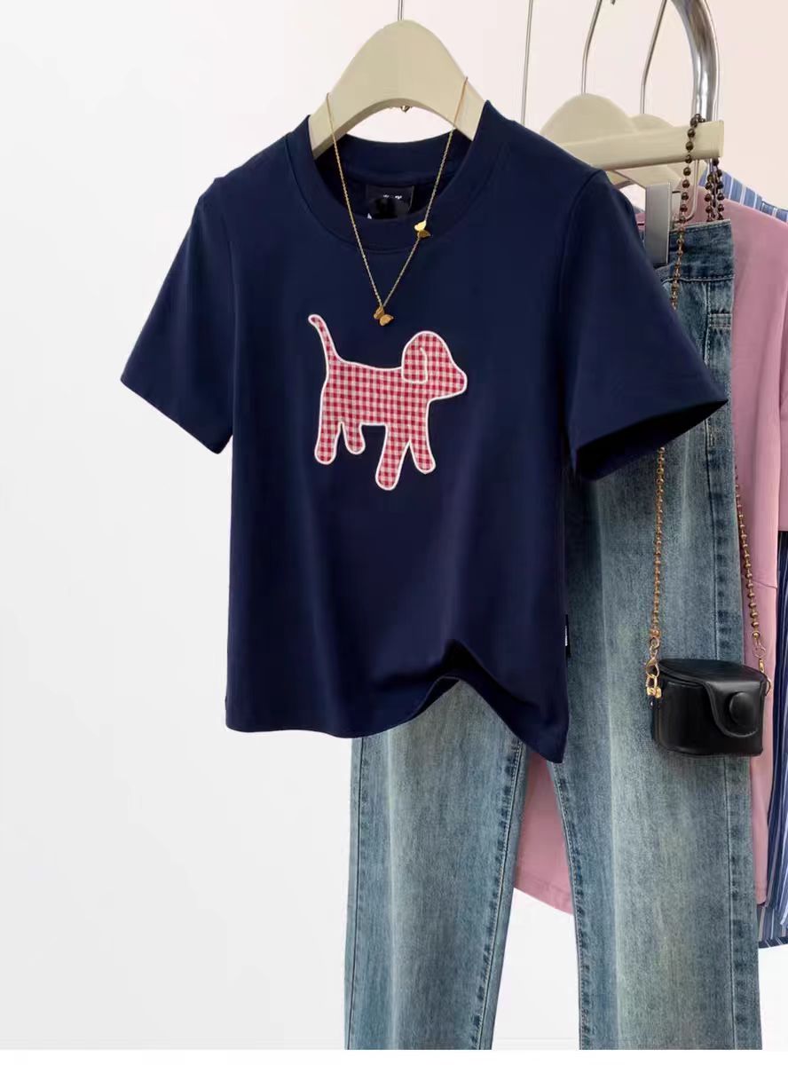 Printed front shoulder short-sleeved T-shirt for women in summer new niche American pure cotton slim T-shirt top