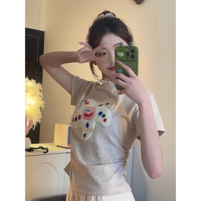 Pure cotton gentle lace lace T-shirt slim short sleeves short top