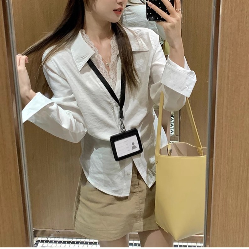 Gao Zhifeng long-sleeved lapel lace white shirt retro layered versatile design to make you look slim and waist-hugging top