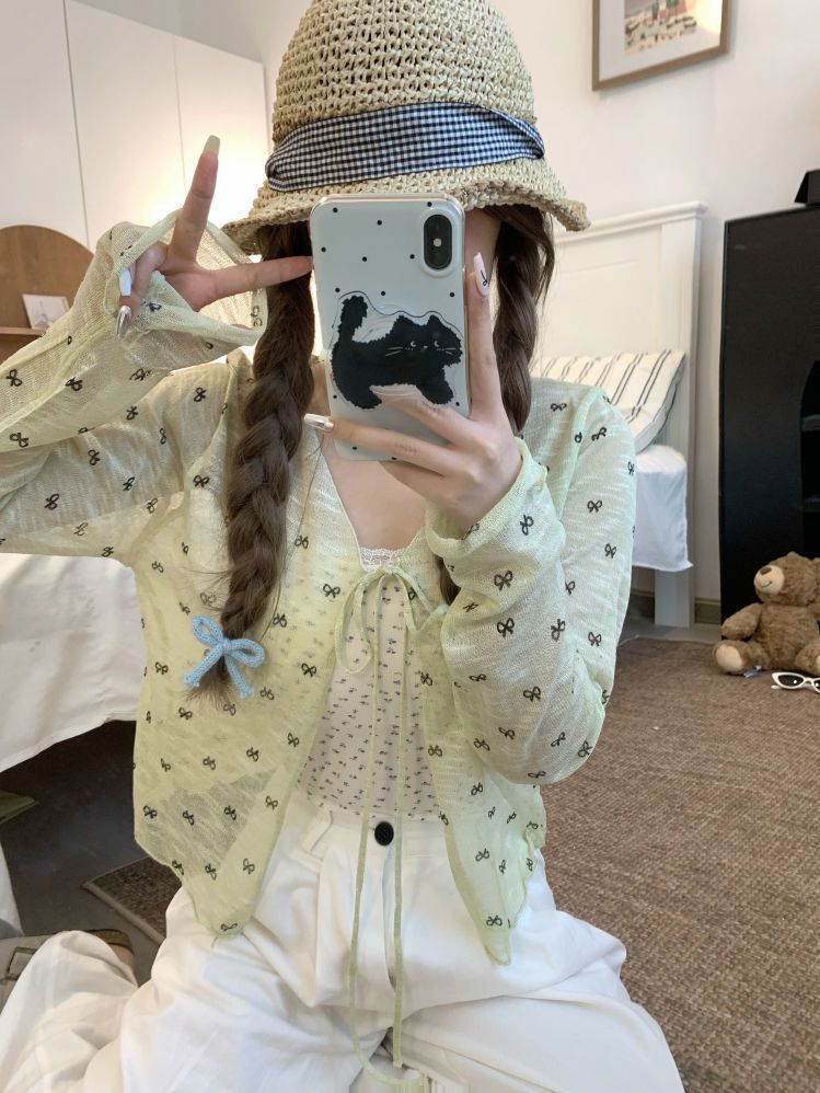 Tmall Quality French 2025 Bow Summer Lace-up Open-Front Sun Protection Knit Cardigan Unique and Versatile