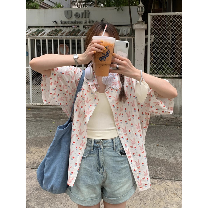 日系印花襯衫女甜美寬鬆學生短袖襯衣外穿韓系夏季polo開衫上衣女