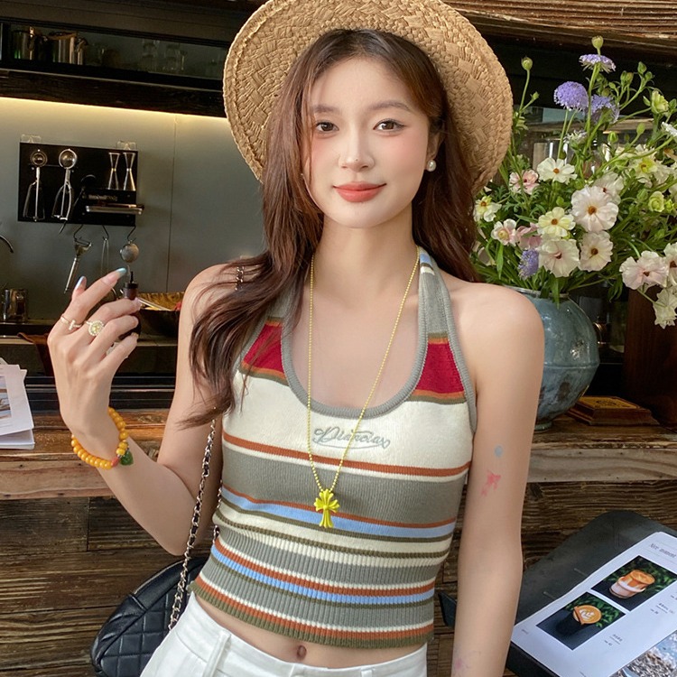 Knitted striped neck halter vest for women with 2025 summer American retro base beautiful top