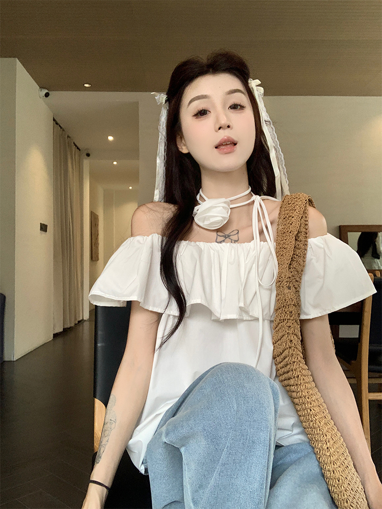 Real shot, summer freshness~ Korean chic one-shoulder trick candy-colored shirt sends bow tie flowers