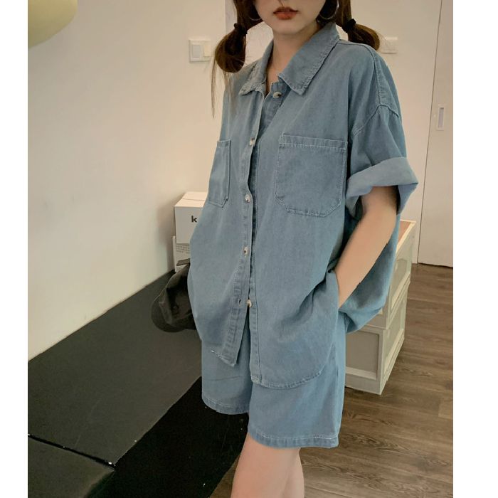 2025 new retro Korean loose casual short-sleeved denim shirt + shorts fashion suit