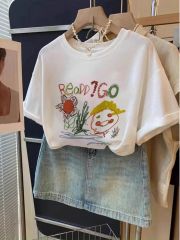 200g combed and tight spun in 2025, pure cotton back bag strip, spring and summer loose shoulder printed short-sleeved T-shirt