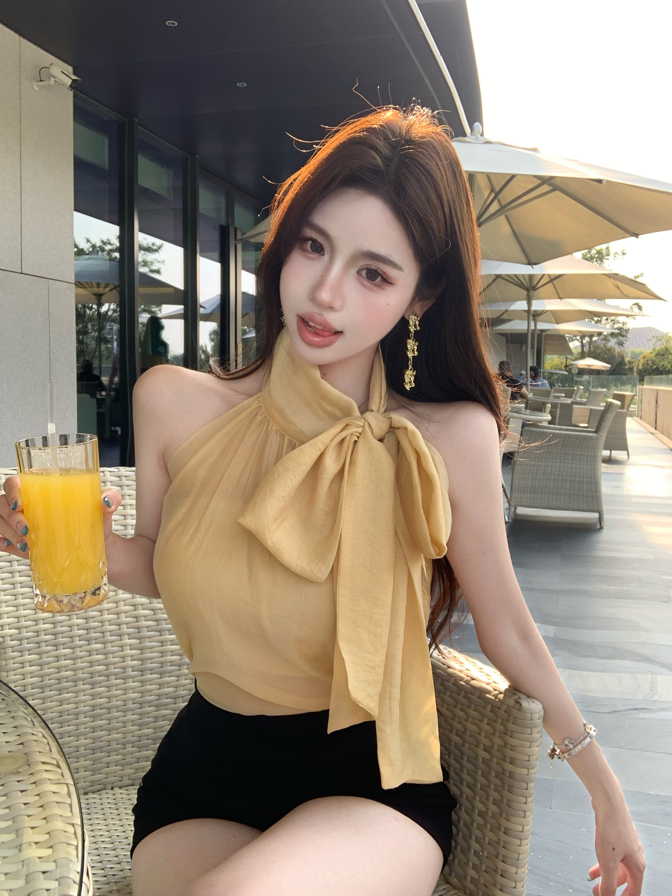 Real shot French style bow tie sleeveless shirt for women A-line casual tight hip shorts hot pants