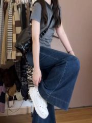 復古藍慵懶鬆弛感牛仔褲女大碼胖mm梨形身材寬鬆遮胯拖地闊腿褲夏