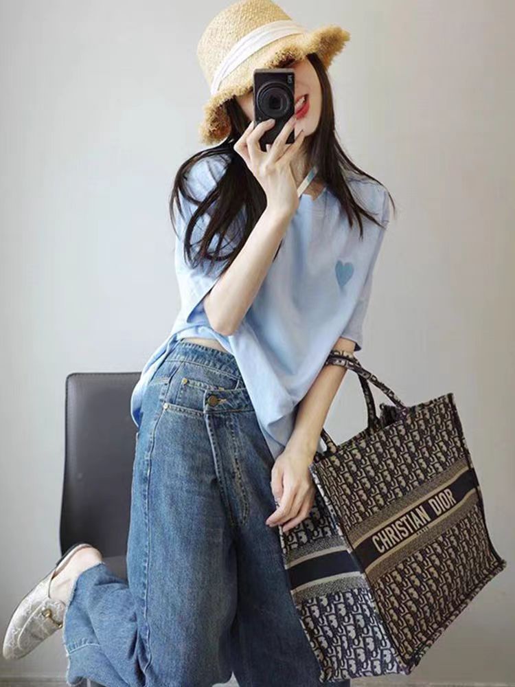200g combed and tight spun in 2025, pure cotton back bag strip, spring and summer loose shoulder printed short-sleeved T-shirt