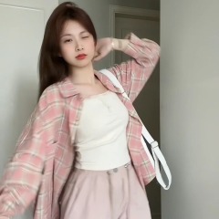 粉色格子襯衫女2025早春外搭設計感小眾時尚外穿襯衣夏季外套