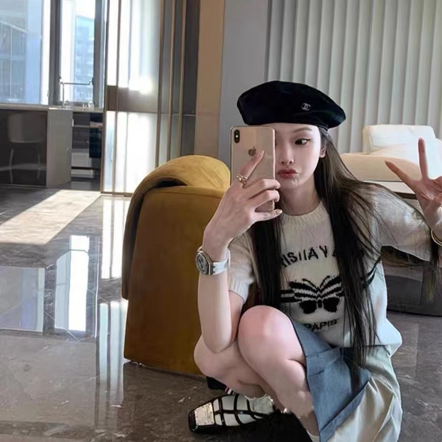 法式羊毛針織衫女2025春夏新蝴蝶字母提花圓領高端修身短袖上衣潮