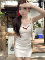 蝴蝶結蕾絲花邊針織吊帶連衣裙女夏季性感辣妹白色緊身包臀短裙子