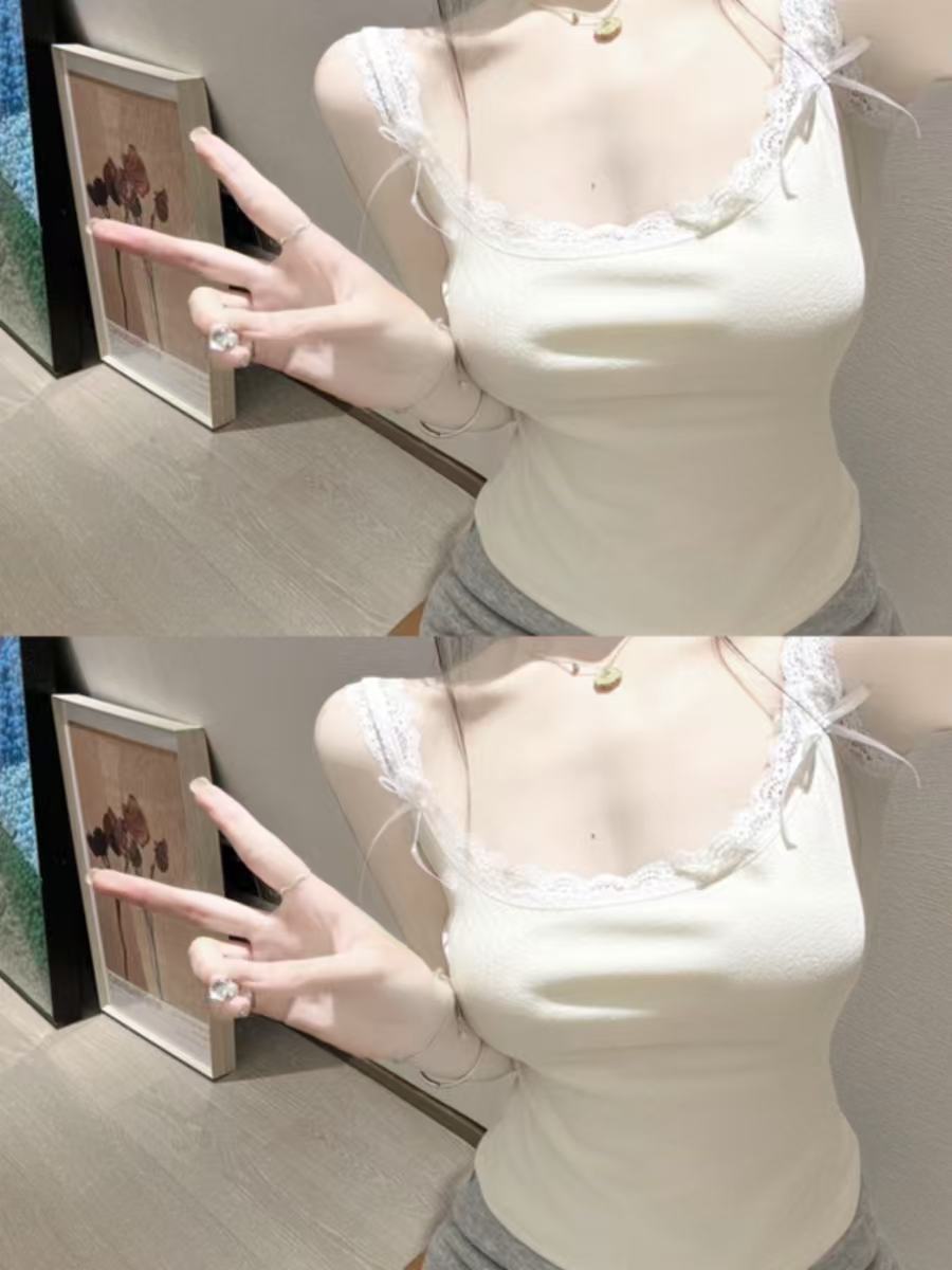 帶胸墊 40支純棉蕾絲背心女短款修身純欲吊帶上衣