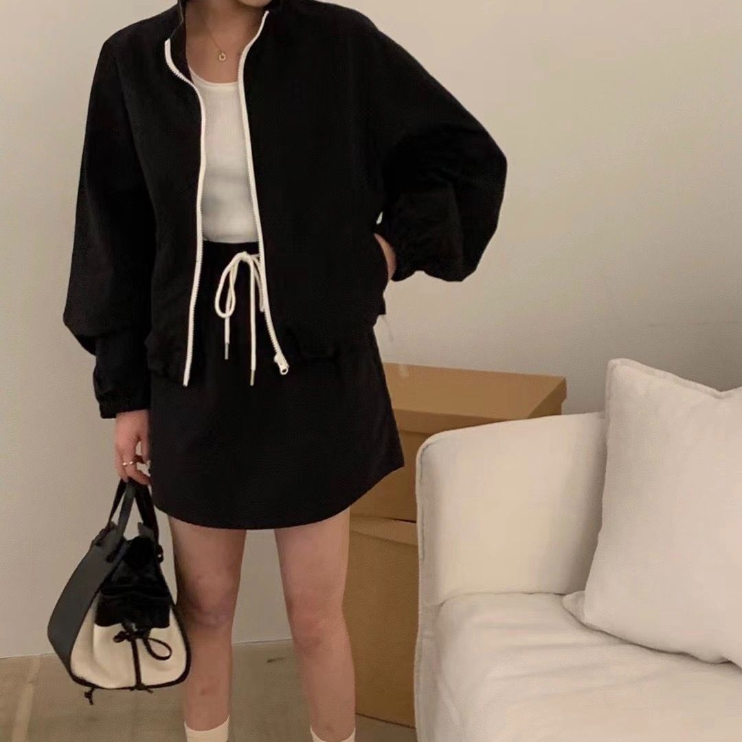 2025 spring and summer new casual sun protection thin set loose short long sleeve stand collar jacket drawstring short skirt for women