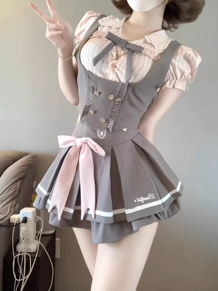 Korean college style jk uniform cute girl age-reducing pink striped top vest puffy skirt suit skirt women