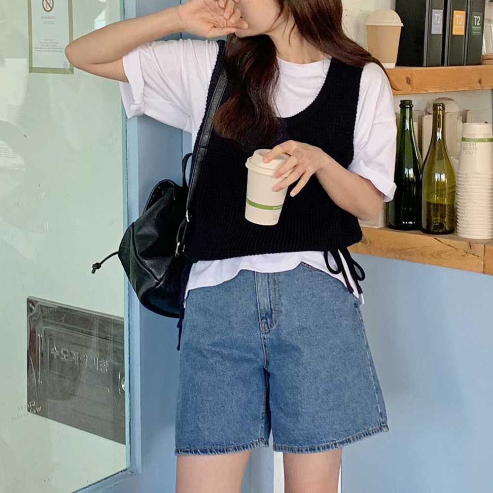 Original real shot Korean version of Japanese round neck sweater color waffle layered vest tie bow knit sweater for women