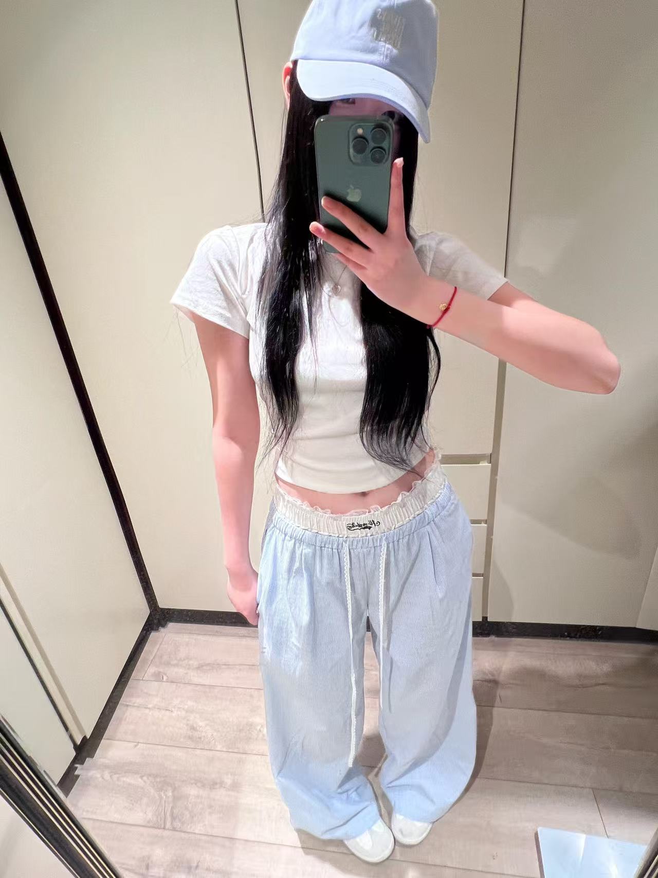 假兩件藍色休閒褲女春夏蕾絲拼接直筒闊腿褲芭蕾風條紋褲子
