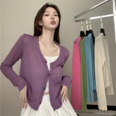 Soft and thin ice silk knitted cardigan for women's spring Korean loose outer wear long-sleeved sunscreen jacket short top