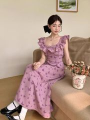 紫色茶歇法式碎花吊帶連衣裙子女夏季2025新款小飛袖海邊度假長裙