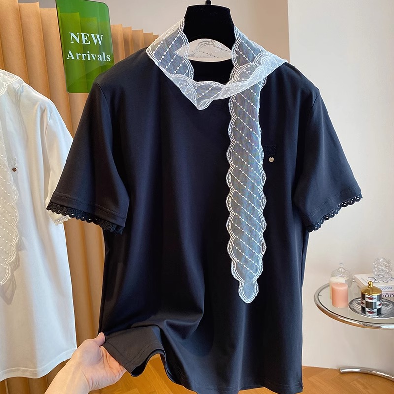 刺繡+21支超爽棉220克特大碼240斤高級感蕾絲拼接t恤