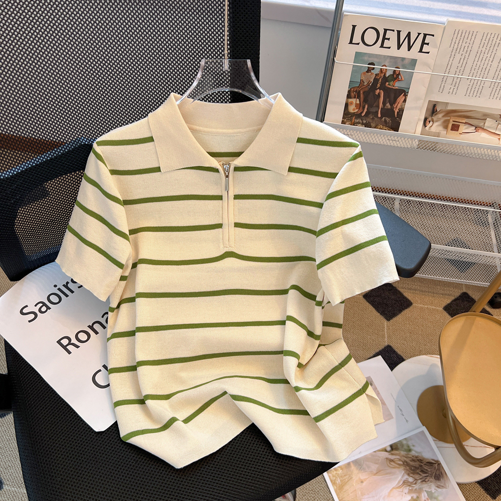 天貓質量寬鬆顯瘦POLO領冰絲短袖T恤女夏季洋氣條紋拉鏈上衣