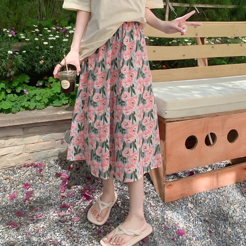 夏季溫柔風碎花長裙鬆緊腰印花a字半身裙顯瘦中長裙