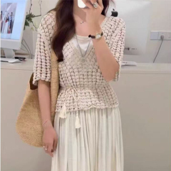 2025夏季新款夏季新波西米亞風重工純棉V領寬鬆編織鏤空短袖T恤