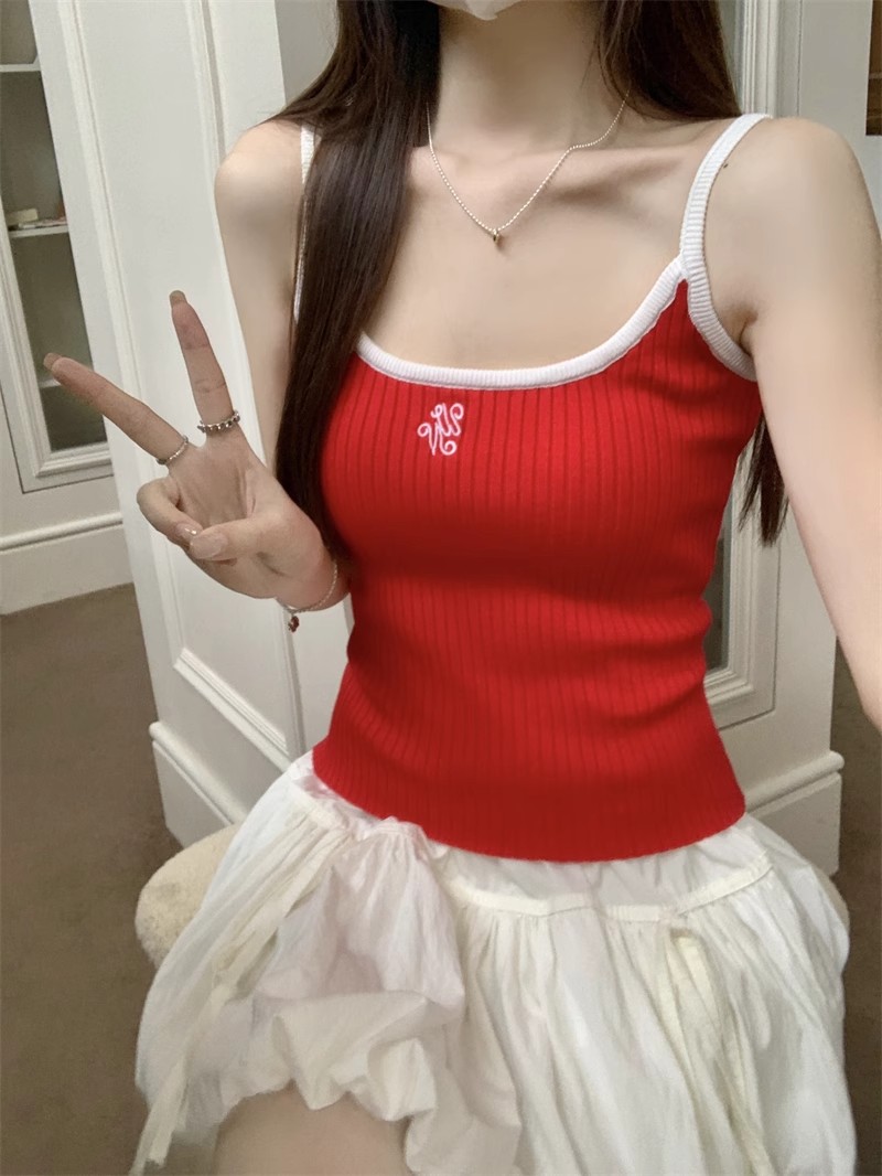 紅色字母刺繡針織吊帶背心女夏修身顯瘦甜辣妹撞色無袖上衣