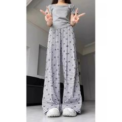 Retro plaid bow embroidered casual pants for women 2025 summer new high-waisted slim loose wide-leg pants