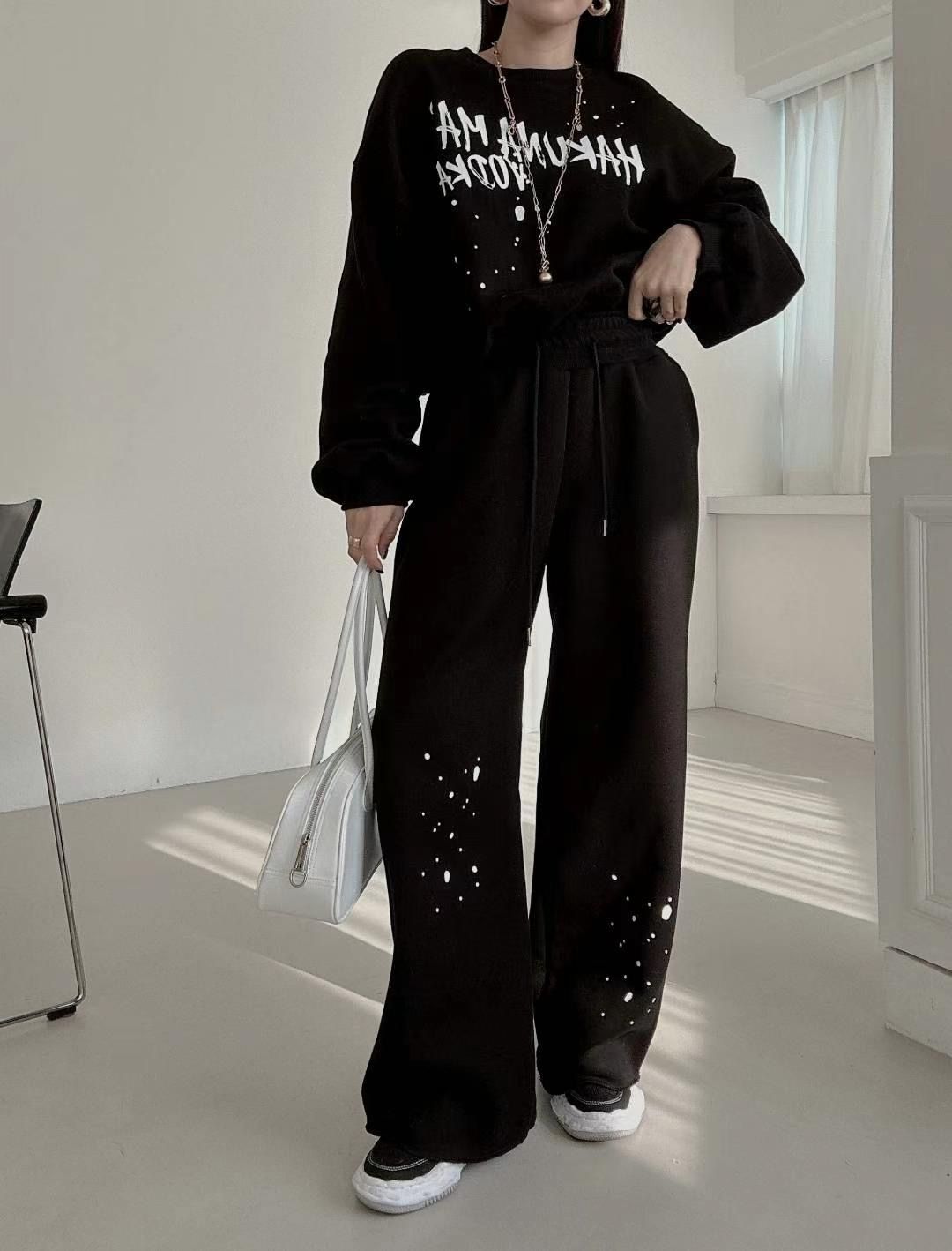 Korean chic winter retro temperament round neck letter printed sweatshirt + high-waisted slim versatile drawstring casual pants