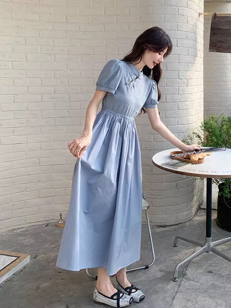 藍色新中式連衣裙夏季女2025新款旗袍改良輕熟洋氣顯瘦長款A字裙