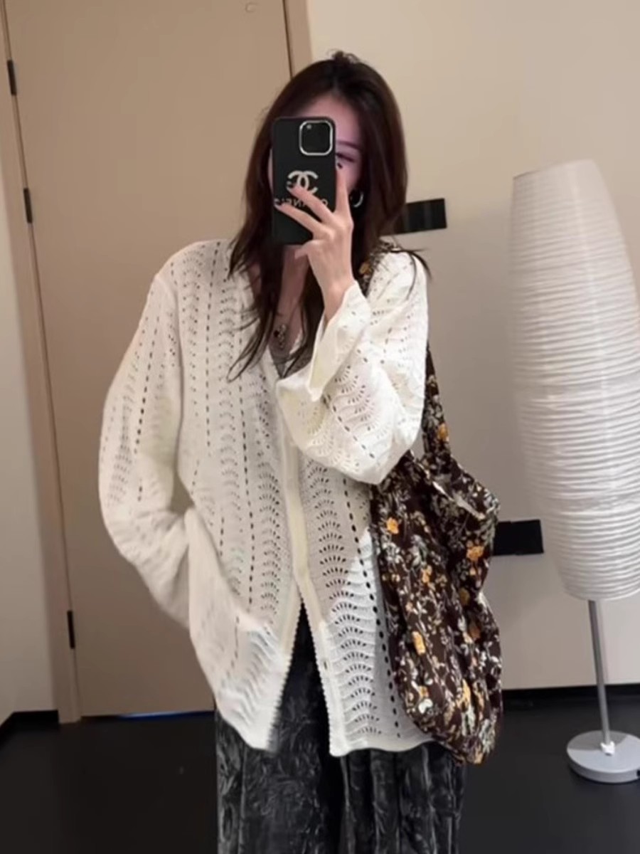 韓國東大門慵懶風鏤空白色針織衫女早春新款設計感小眾百搭開衫