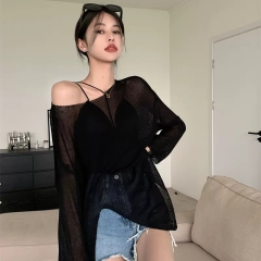 天貓質量港味防曬衣罩衫夏季薄款針織衫女中長款冰絲網紗上衣
