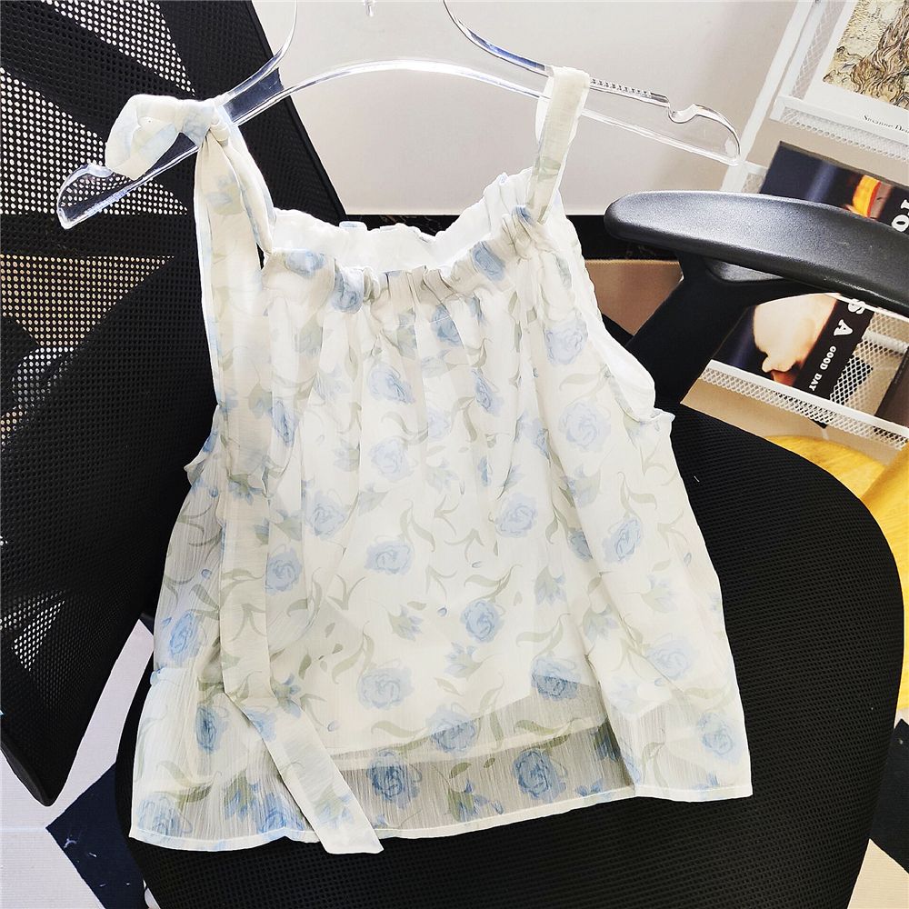 Real photos of floral summer lace-up pure and sexy hot girl soft girl short suspender vest women's top French slim