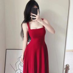 Summer new trendy high-end French-style elegant Hepburn-style red strap slim-fit waist-defined figure-flattering A-line long skirt