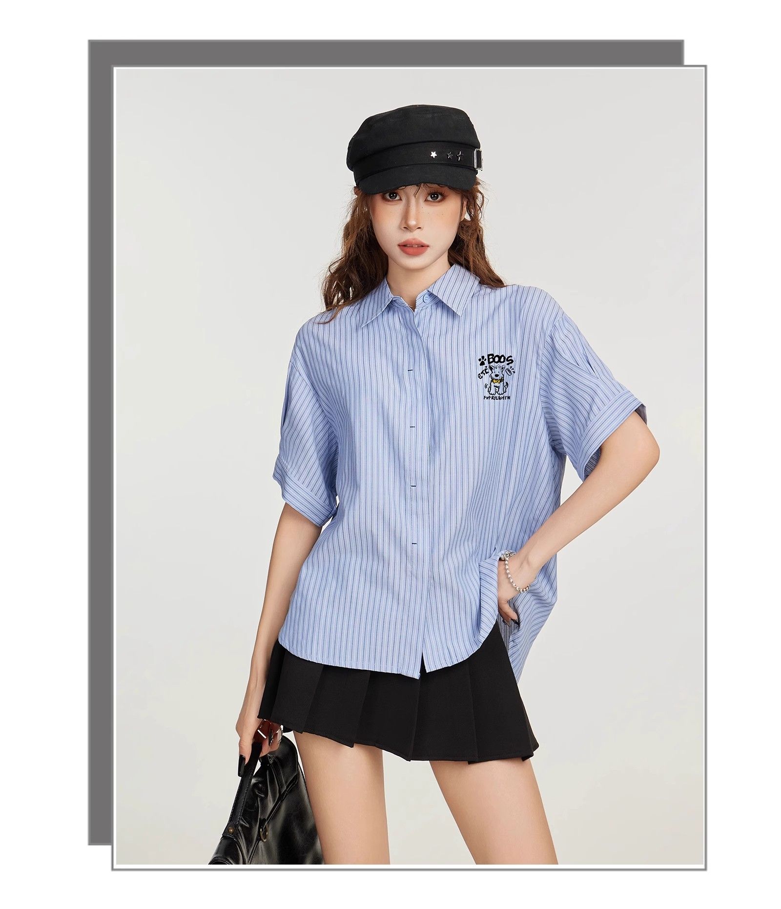Blue forward-shoulder striped short-sleeved shirt shirt for women in summer college style loose design niche top