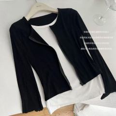 1*1隨心裁260克2025黑白撞色拉鏈假兩件長袖T恤女春