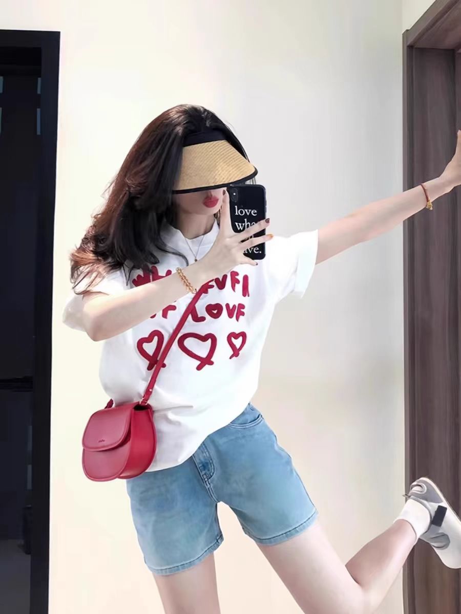 200g combed and tight spun in 2025, pure cotton back bag strip, spring and summer loose shoulder printed short-sleeved T-shirt