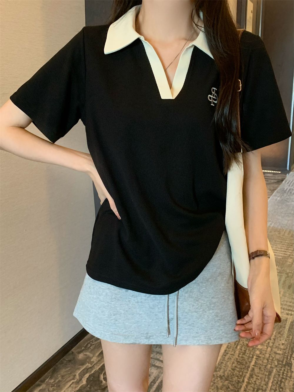 Real shot Korean version 2025 new style 250g 6535 cotton bead floor polo collar short-sleeved T-shirt women's embroidered top