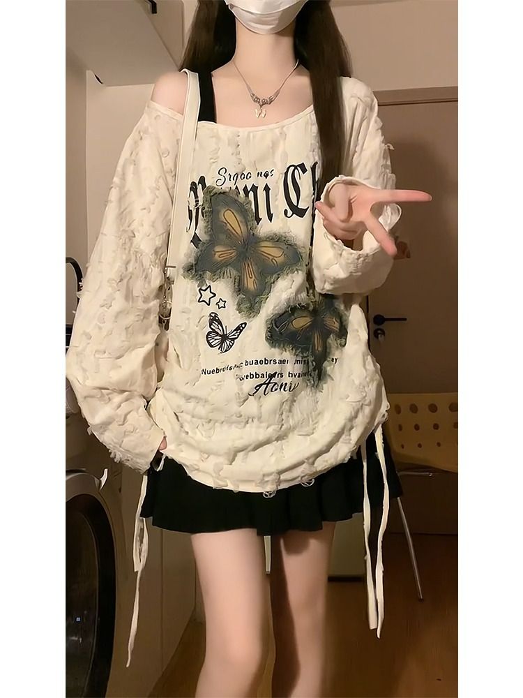 破洞布 貼布繡蝴蝶長袖t恤女復古露肩純欲寬鬆慵懶罩衫