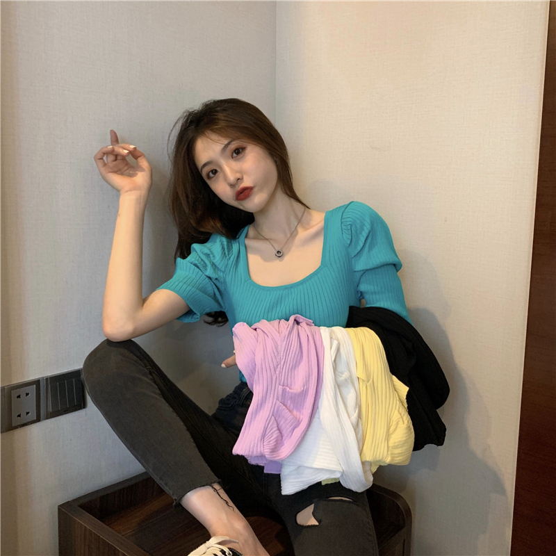 Real shot of new summer retro slim square collar puff sleeve knitted short-sleeved top