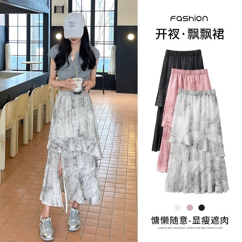 Women's summer 2025 new Korean version A-line slit irregular long skirt pink ruffled cake skirt