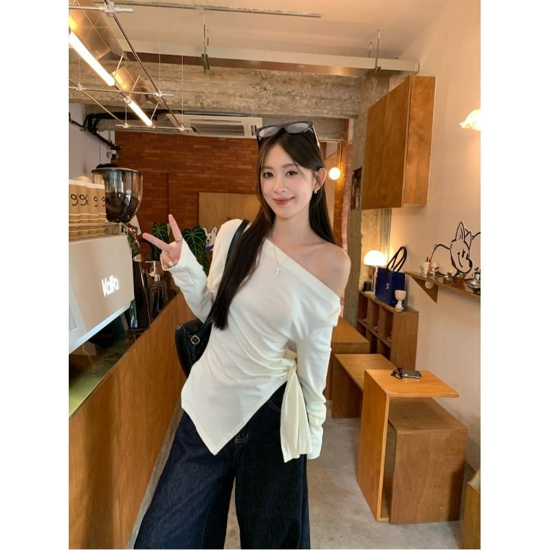 莫代爾人棉設計感兩穿長袖T恤女秋季不規則收腰綁帶紅色上衣