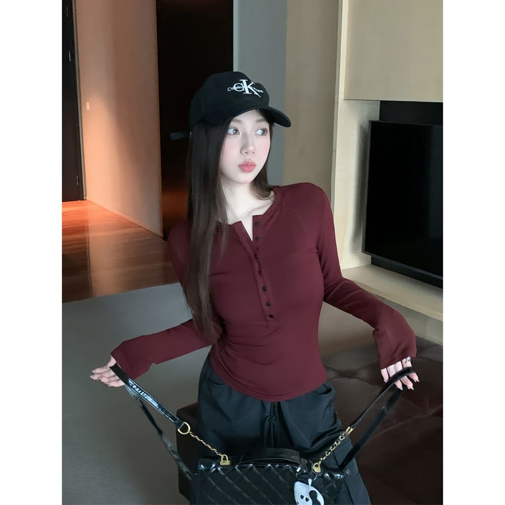 辣妹V領修身正肩長袖T恤早秋氣質休閒百搭顯瘦上衣女