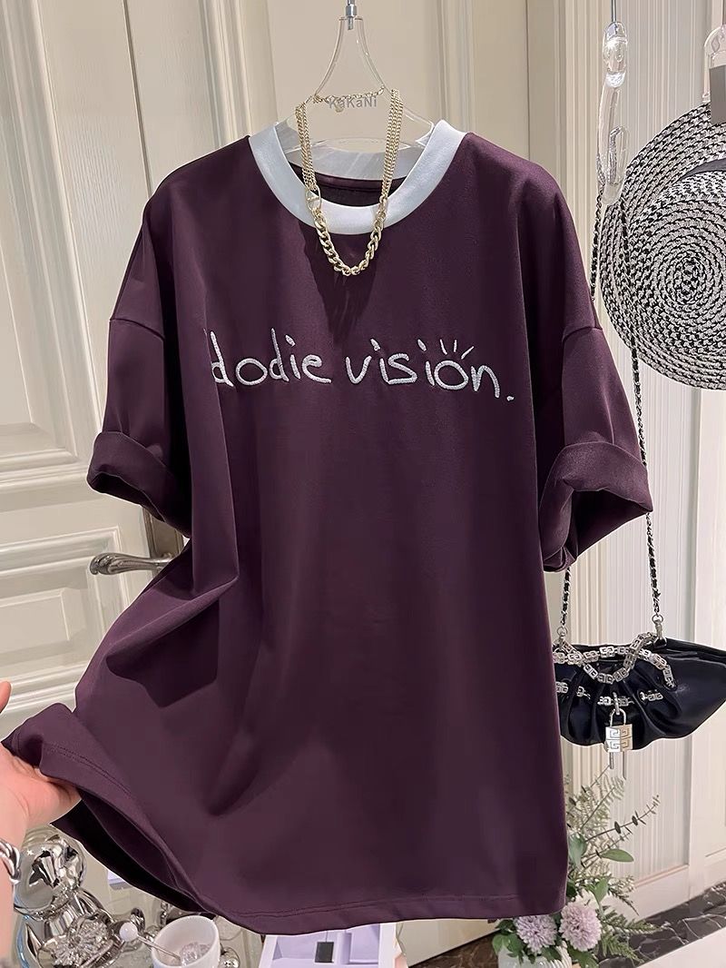 ~Large size pure cotton Korean version letter embroidery color-blocking collar loose short-sleeved T-shirt for women in summer